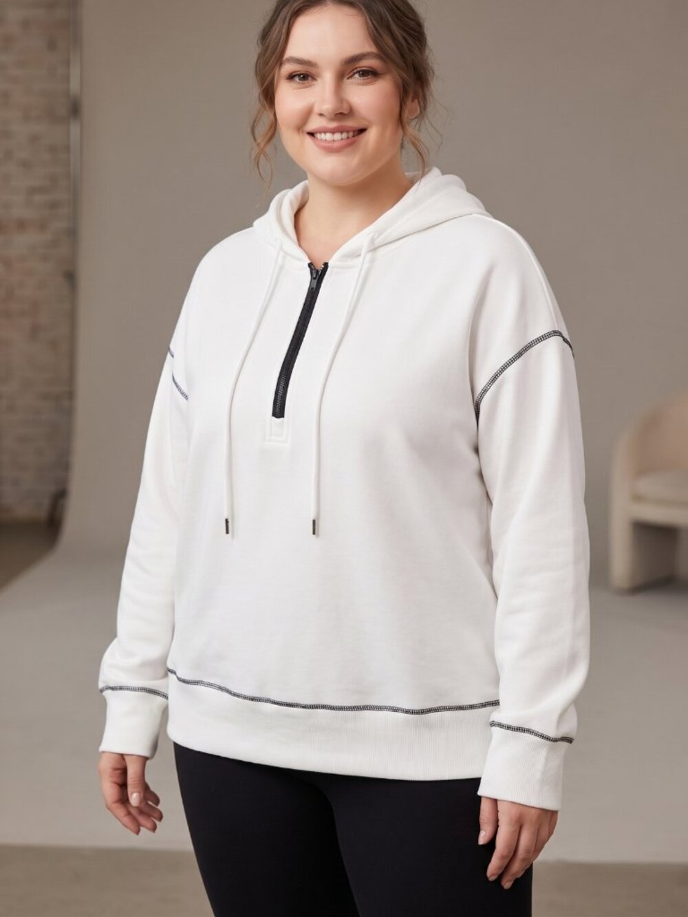 NWT Bellcoco White Quarter Zip Oversized Hoodie Sweatshirt Large